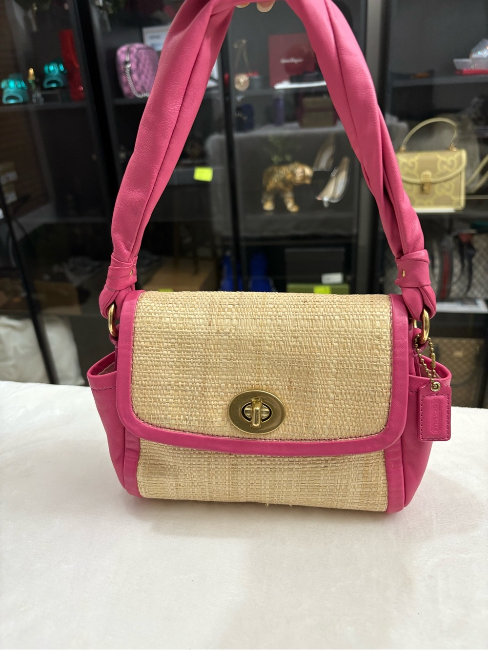 Coach Small Fuchsia Parker Straw Shoulder Bag.